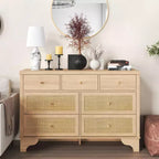 7 Drawer Dresser for Bedroom, 47.3 Wide Natural Rattan Chest of Drawers, Wood Boho Clothing Storage Organizer, Dresser TV Stand Cabinet