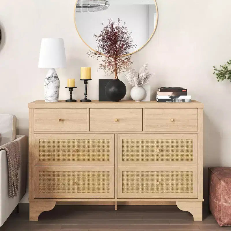 7 Drawer Dresser for Bedroom, 47.3 Wide Natural Rattan Chest of Drawers, Wood Boho Clothing Storage Organizer, Dresser TV Stand Cabinet