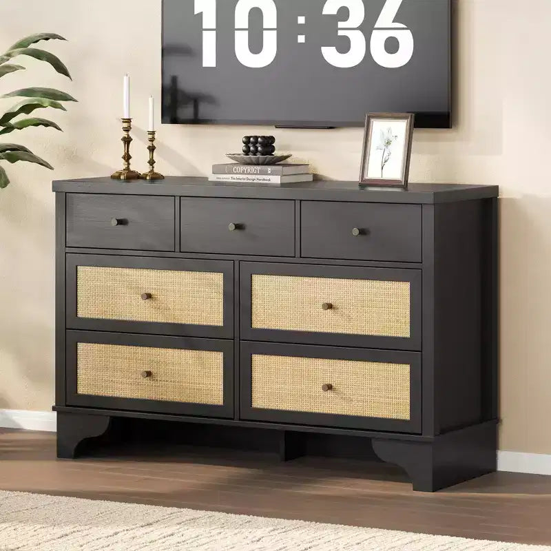 Commode à 7 tiroirs pour chambre à coucher, commode large en rotin naturel de 120 cm, organisateur de rangement de vêtements en bois de style bohème, meuble TV