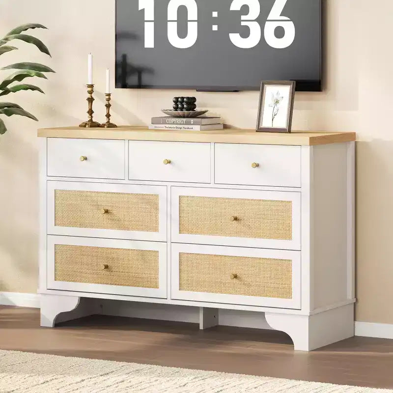 Commode à 7 tiroirs pour chambre à coucher, commode large en rotin naturel de 120 cm, organisateur de rangement de vêtements en bois de style bohème, meuble TV
