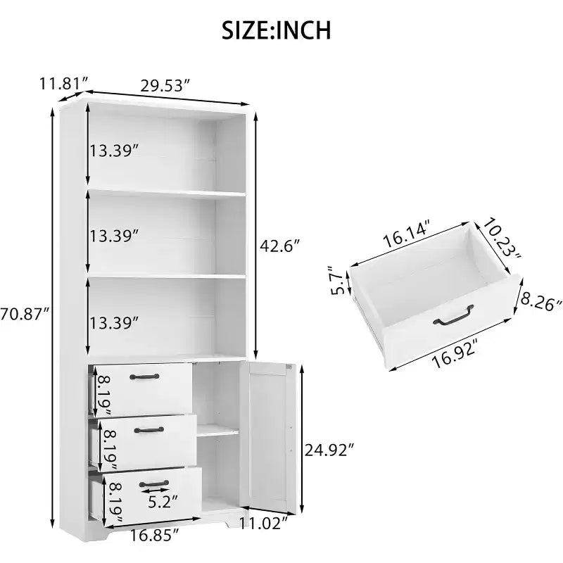 Bibliothèque à 6 niveaux, bibliothèque de 180 cm de haut avec 3 étagères, meuble de rangement avec portes et 3 tiroirs pour bureau à domicile, salon, chambre à coucher