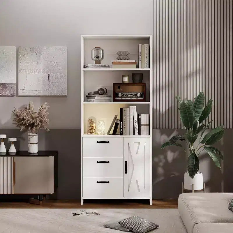 Bibliothèque à 6 niveaux, bibliothèque de 180 cm de haut avec 3 étagères, meuble de rangement avec portes et 3 tiroirs pour bureau à domicile, salon, chambre à coucher