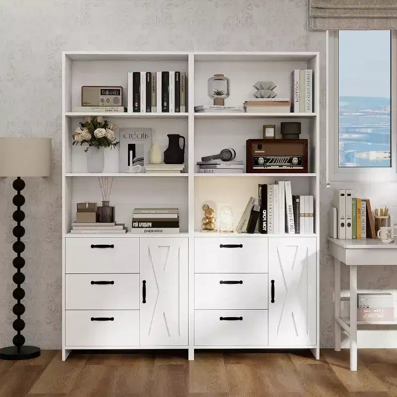 Bibliothèque à 6 niveaux, bibliothèque de 180 cm de haut avec 3 étagères, meuble de rangement avec portes et 3 tiroirs pour bureau à domicile, salon, chambre à coucher