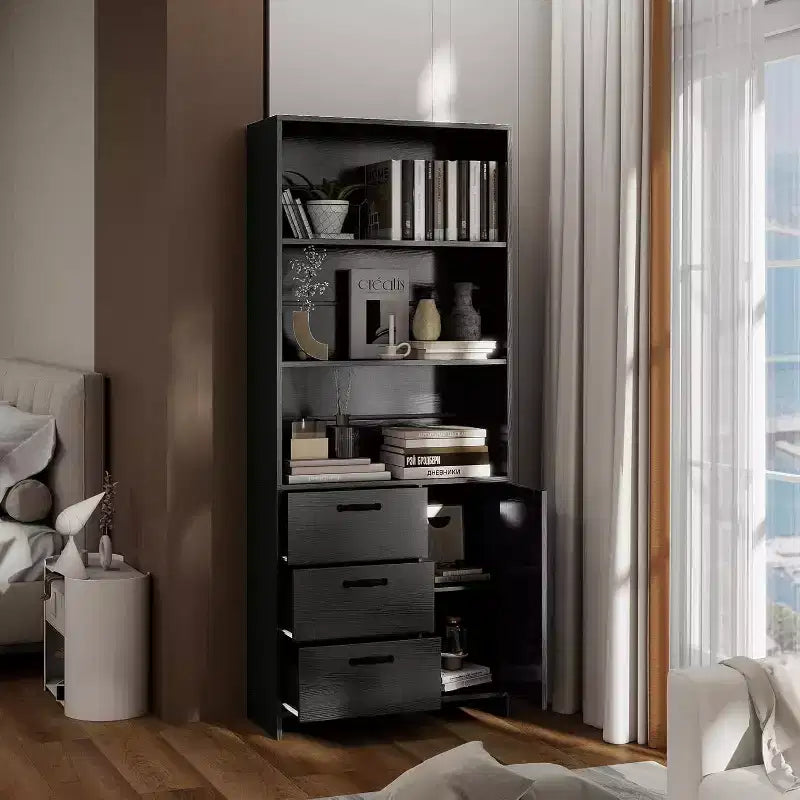 Bibliothèque à 6 niveaux, bibliothèque de 180 cm de haut avec 3 étagères, meuble de rangement avec portes et 3 tiroirs pour bureau à domicile, salon, chambre à coucher