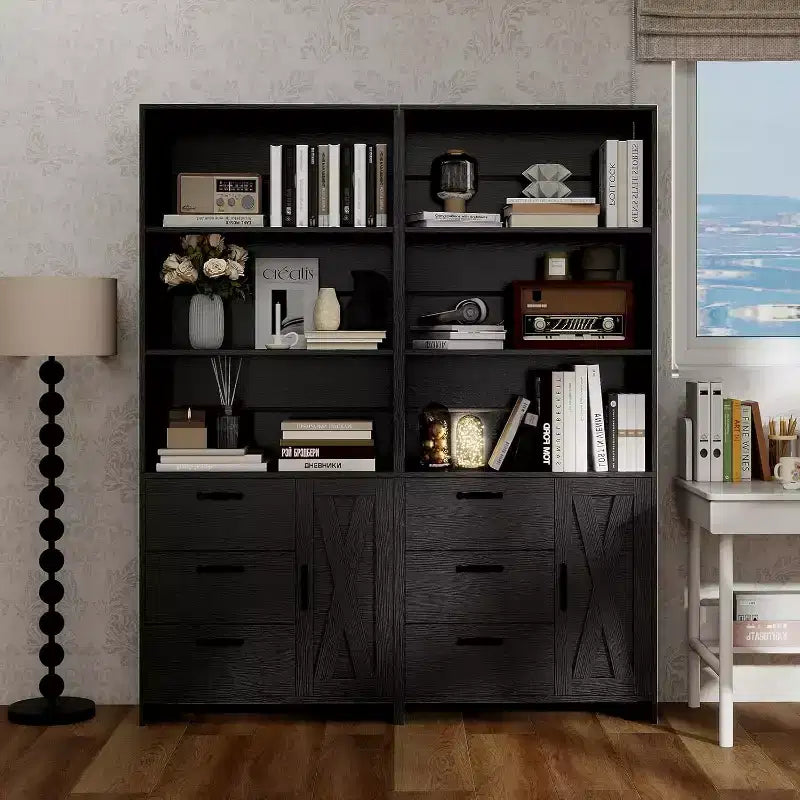 Bibliothèque à 6 niveaux, bibliothèque de 180 cm de haut avec 3 étagères, meuble de rangement avec portes et 3 tiroirs pour bureau à domicile, salon, chambre à coucher