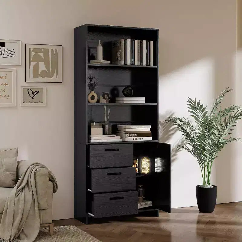 Bibliothèque à 6 niveaux, bibliothèque de 180 cm de haut avec 3 étagères, meuble de rangement avec portes et 3 tiroirs pour bureau à domicile, salon, chambre à coucher