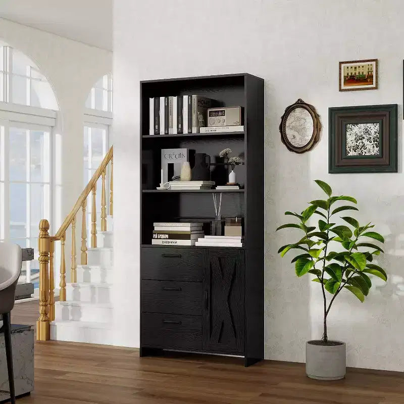 6-tier bookcase, 71-inch high bookcase with 3-tier shelves, storage cabinet with doors and 3 drawers for home office, living room, bedroom