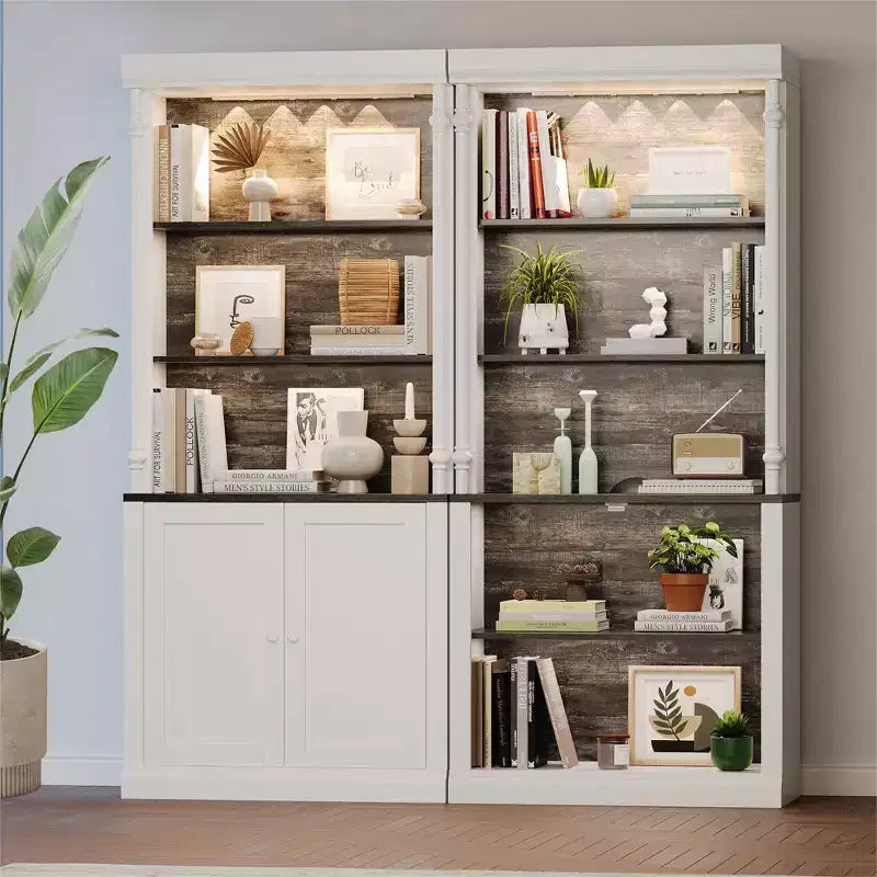 Bibliothèque haute de rangement avec 5 étagères ouvertes, design à colonnes romaines et 4 lumières réglables, meuble de rangement et d'exposition blanc et noir grain de bois
