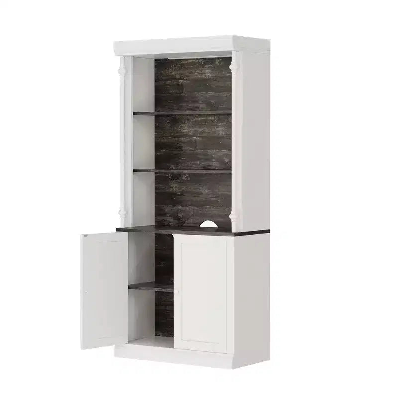 Bibliothèque haute de rangement avec 5 étagères ouvertes, design à colonnes romaines et 4 lumières réglables, meuble de rangement et d'exposition blanc et noir grain de bois