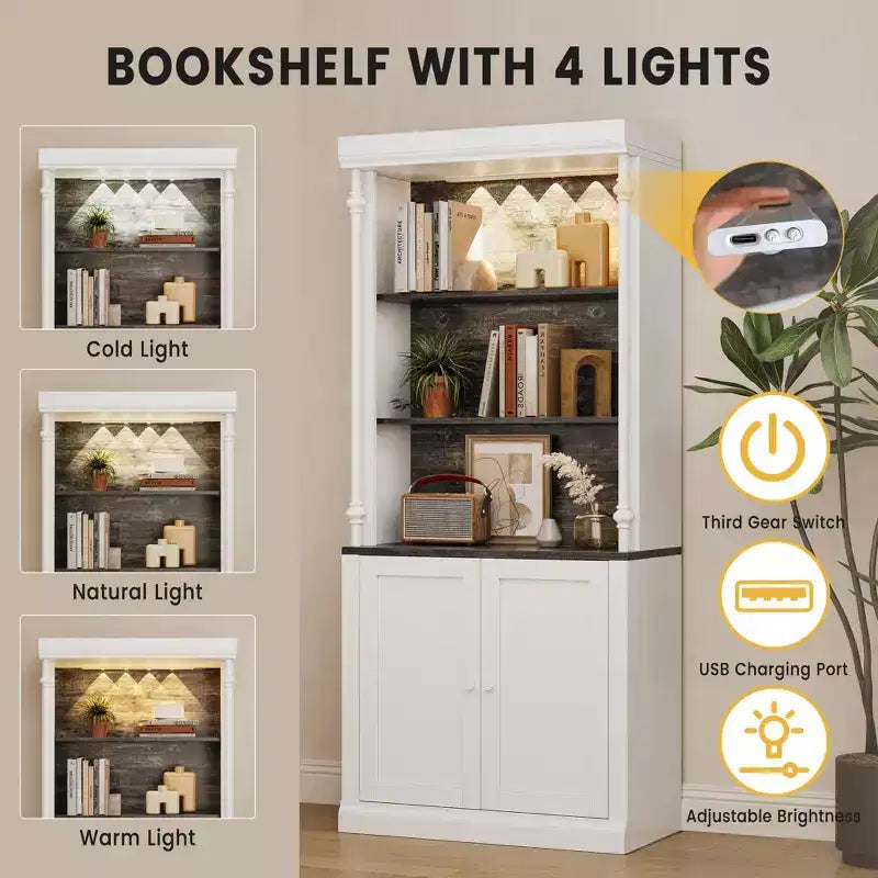 Bibliothèque haute de rangement avec 5 étagères ouvertes, design à colonnes romaines et 4 lumières réglables, meuble de rangement et d'exposition blanc et noir grain de bois