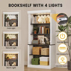 Bibliothèque haute de rangement avec 5 étagères ouvertes, design à colonnes romaines et 4 lumières réglables, meuble de rangement et d'exposition blanc et noir grain de bois