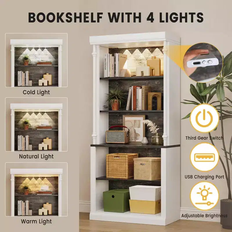 Bibliothèque haute de rangement avec 5 étagères ouvertes, design à colonnes romaines et 4 lumières réglables, meuble de rangement et d'exposition blanc et noir grain de bois