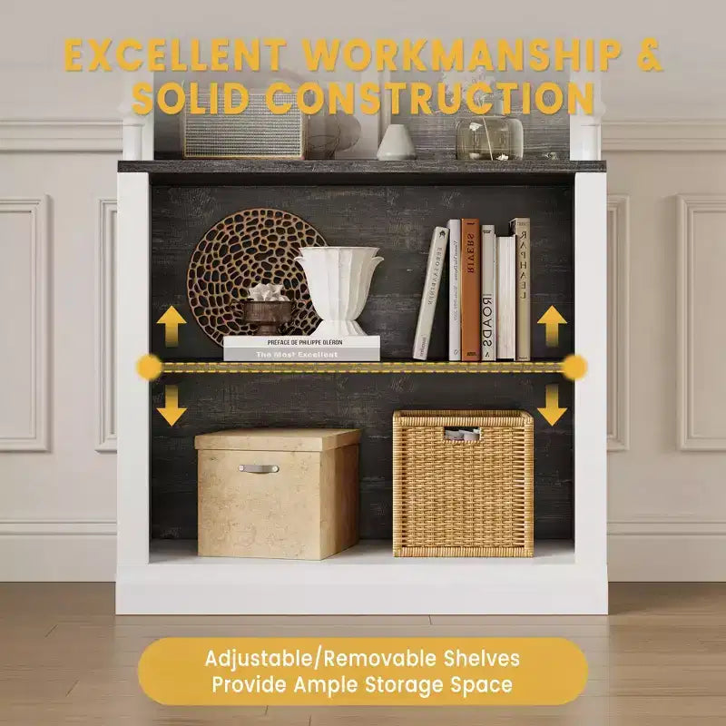 Bibliothèque haute de rangement avec 5 étagères ouvertes, design à colonnes romaines et 4 lumières réglables, meuble de rangement et d'exposition blanc et noir grain de bois
