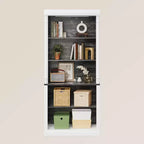 Bibliothèque haute de rangement avec 5 étagères ouvertes, design à colonnes romaines et 4 lumières réglables, meuble de rangement et d'exposition blanc et noir grain de bois