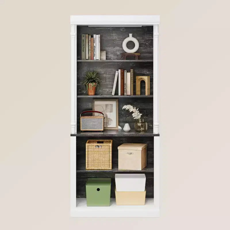 Bibliothèque haute de rangement avec 5 étagères ouvertes, design à colonnes romaines et 4 lumières réglables, meuble de rangement et d'exposition blanc et noir grain de bois