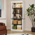 Tall Storage Bookcase with 5-Tier Open Shelves, Roman Column Design and 4 Adjustable Lights, White & White & Black Wood Grain Display Storage Cabinet