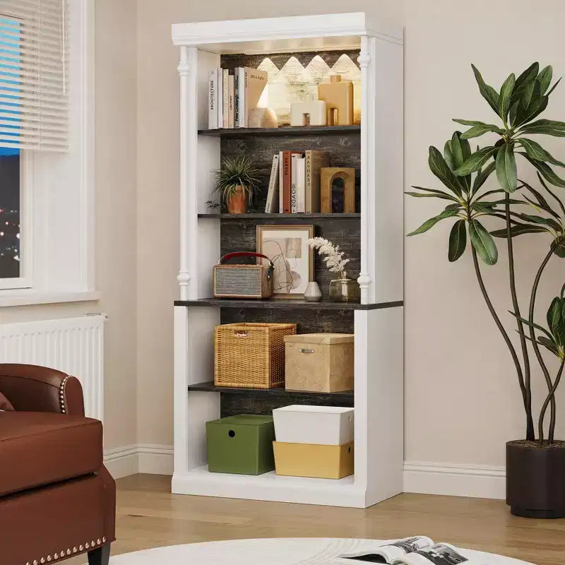 Tall Storage Bookcase with 5-Tier Open Shelves, Roman Column Design and 4 Adjustable Lights, White & White & Black Wood Grain Display Storage Cabinet