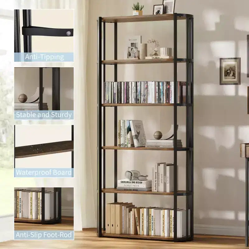 Étagère, bibliothèque à 6 niveaux, étagère d'angle de rangement de style industriel, autoportante, adaptée pour la chambre à coucher, le bureau à domicile, la cuisine, le salon