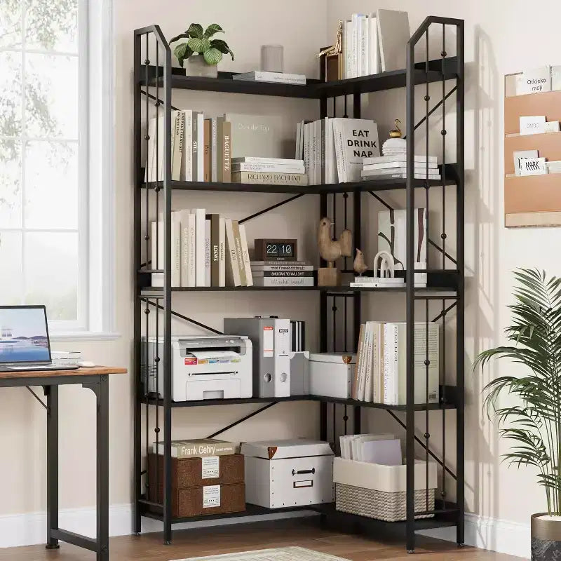 Corner Bookshelf 72 L Shaped Bookcase, Corner Bookshelves Industrial Bookcase 5 Tier L-Shape Bookshelf, Large Bookcases with Beaded Design