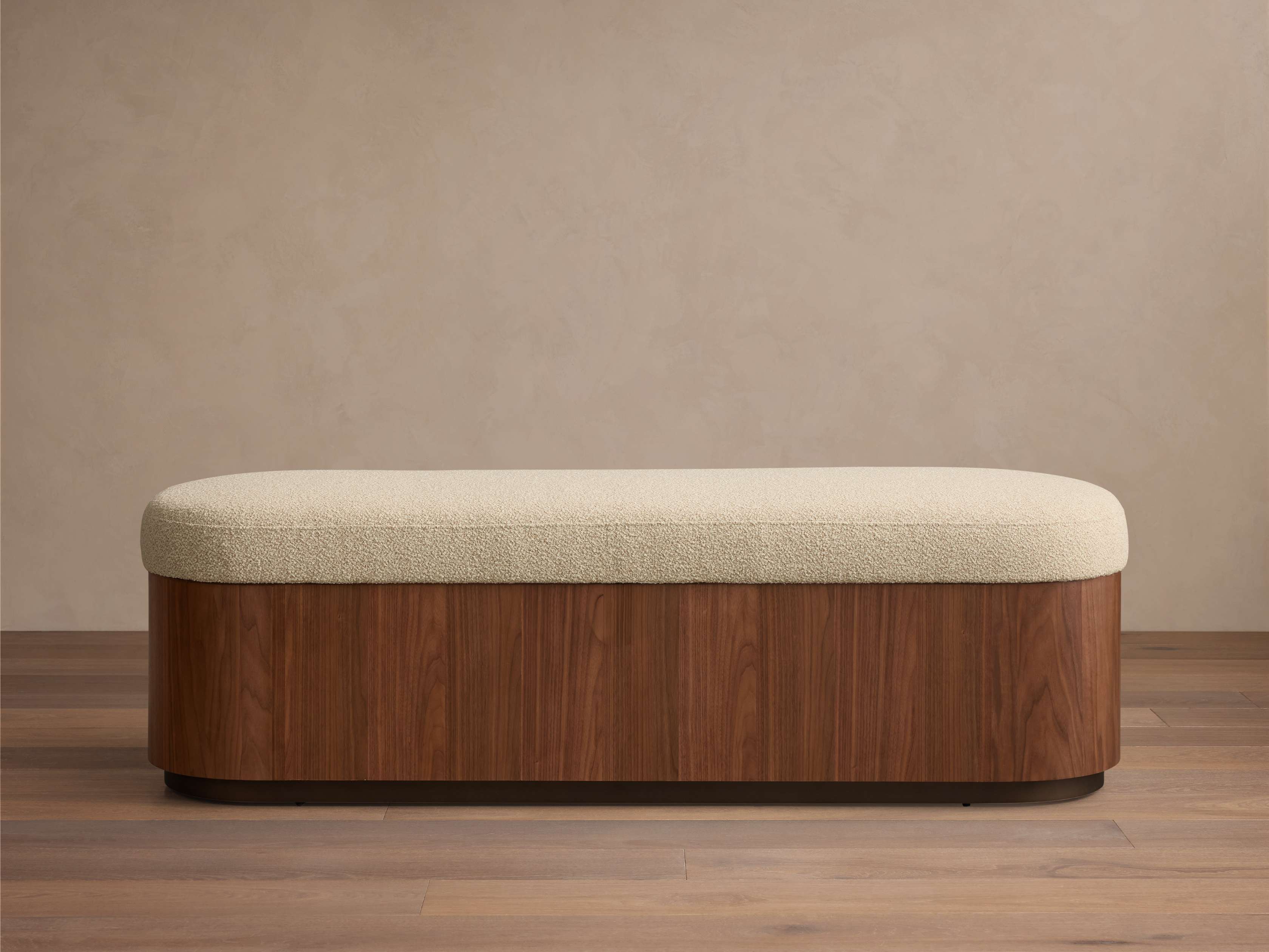 Banc de rangement en placage de noyer avec couvercle à fermeture amortie