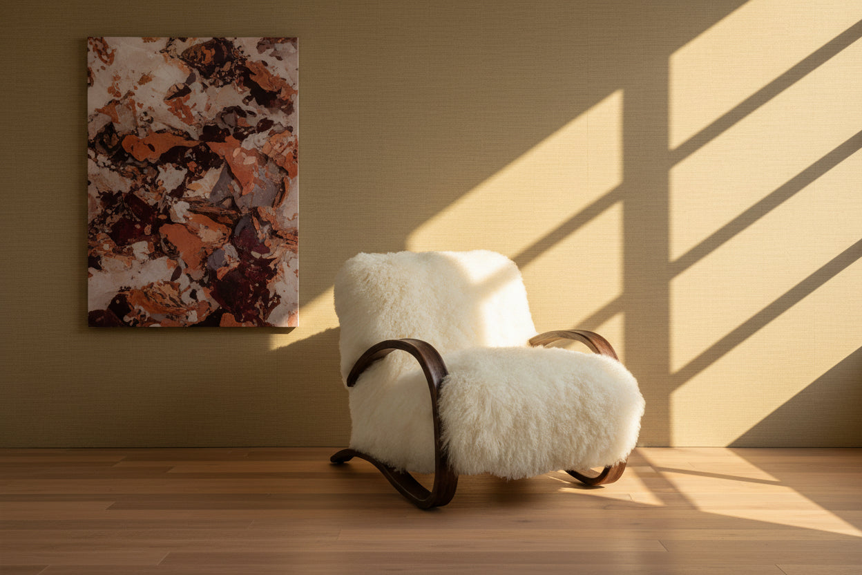 Chaise en peau de mouton de Mongolie avec cadre en chêne rouge et finition moka