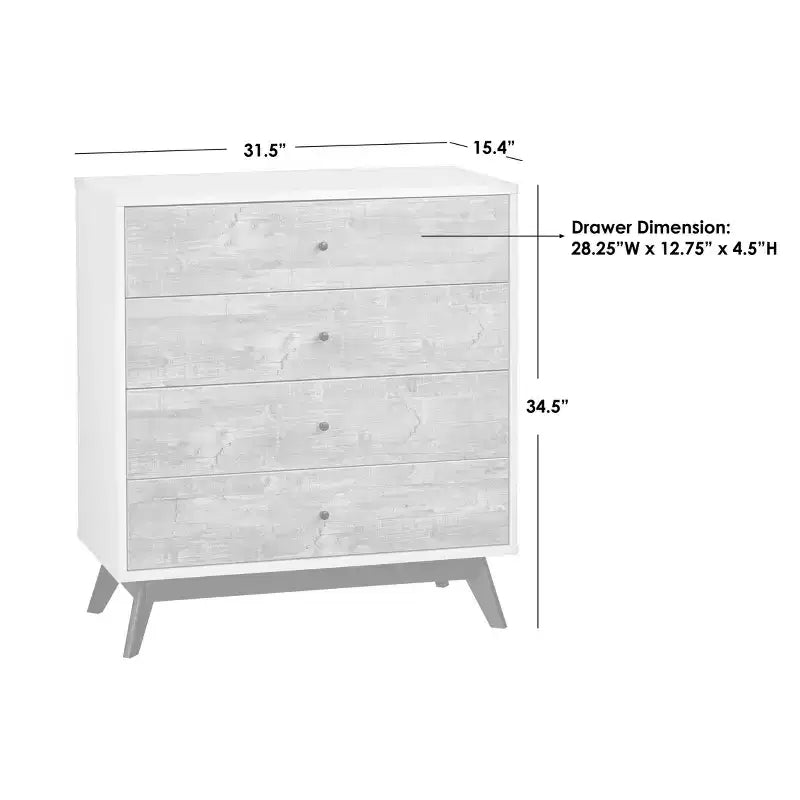 Commode 4 tiroirs Blanc/Gris vieilli : Rangement vertical compact