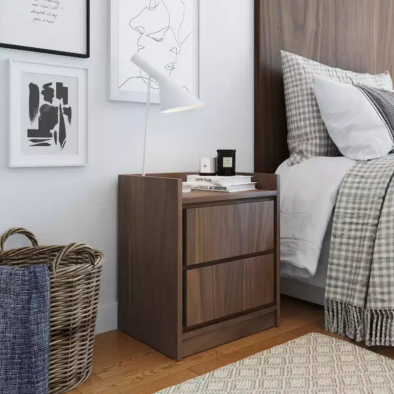 Table de chevet à porte battante Noyer, Solution de rangement moderne, Accès par pression, Idéale pour lits plateforme