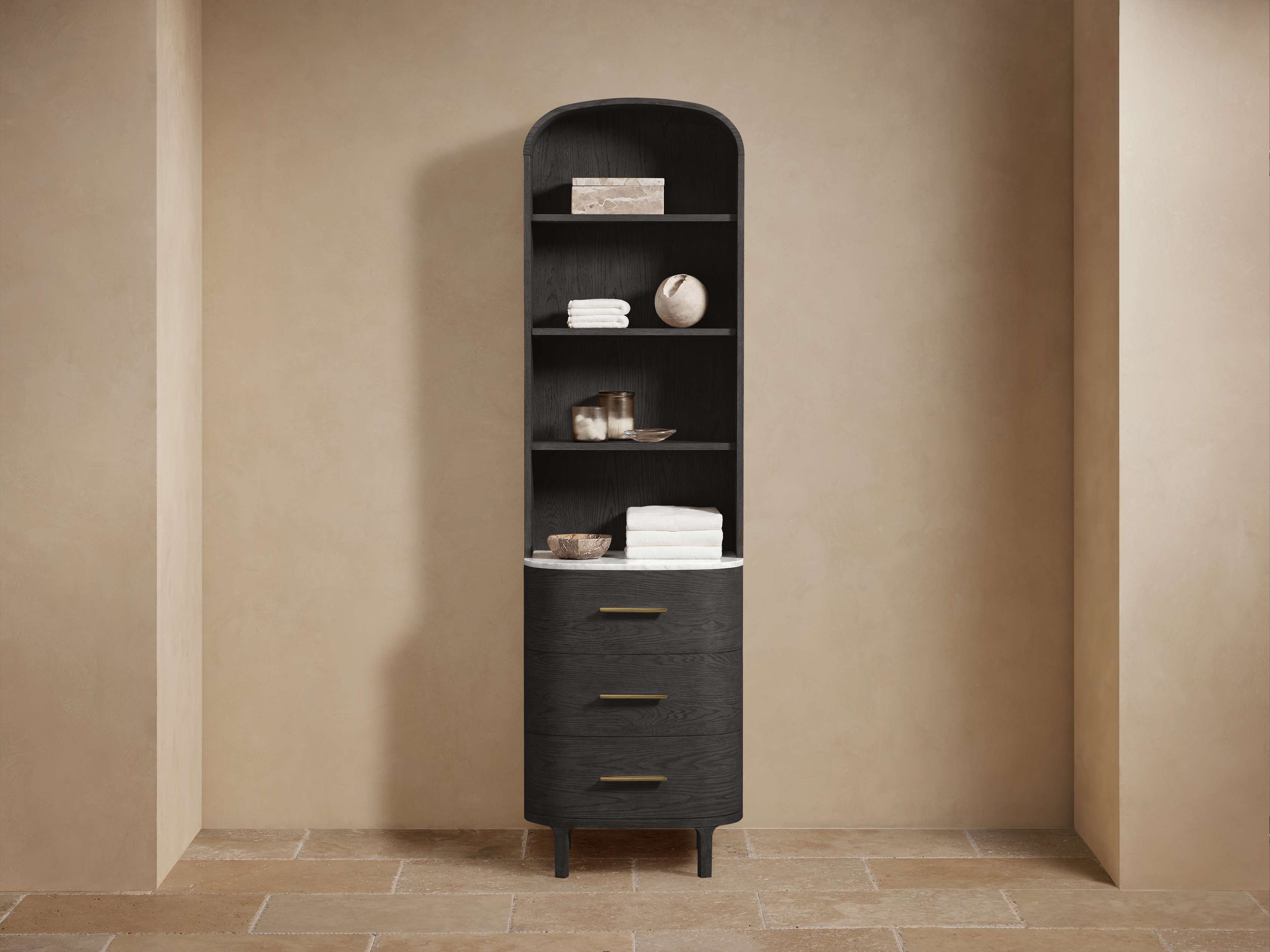 Meuble de salle de bain en chêne avec plateau en marbre et tiroirs à fermeture douce