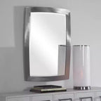 Miroir mural décoratif rectangulaire, moderne, biseauté, cadre en fer nickel brossé argenté, 24 pouces de large, pour salle de bain ou chambre
