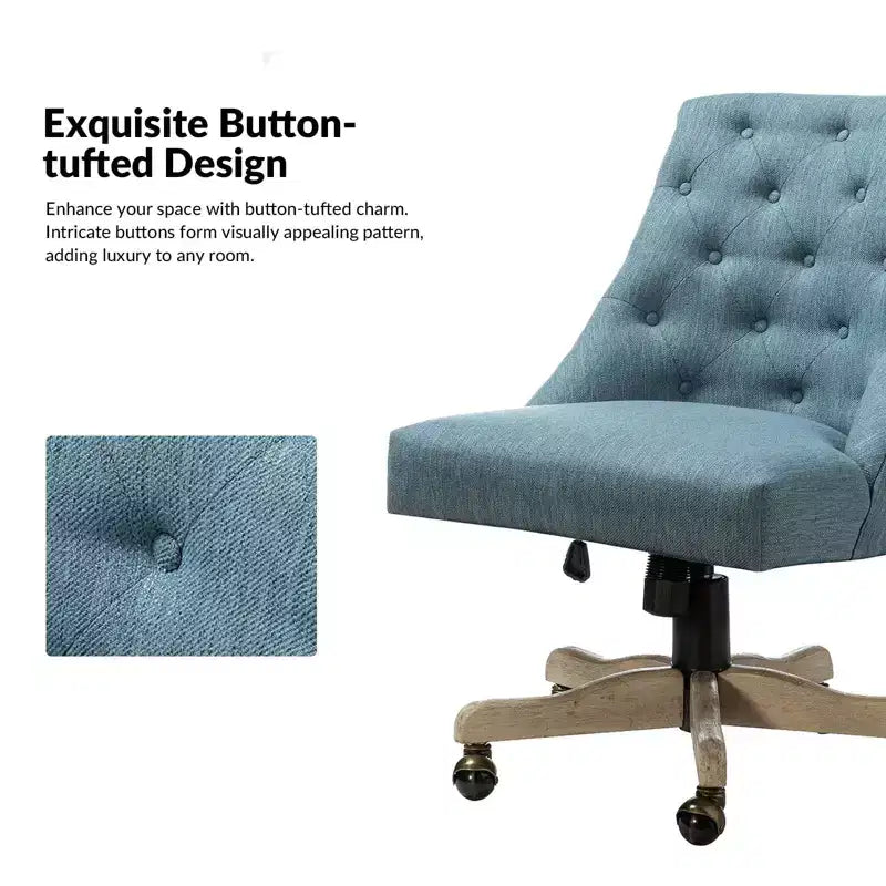 Chaise de bureau en velours avec dossier capitonné et piètement en bois massif, pivotante et réglable en hauteur