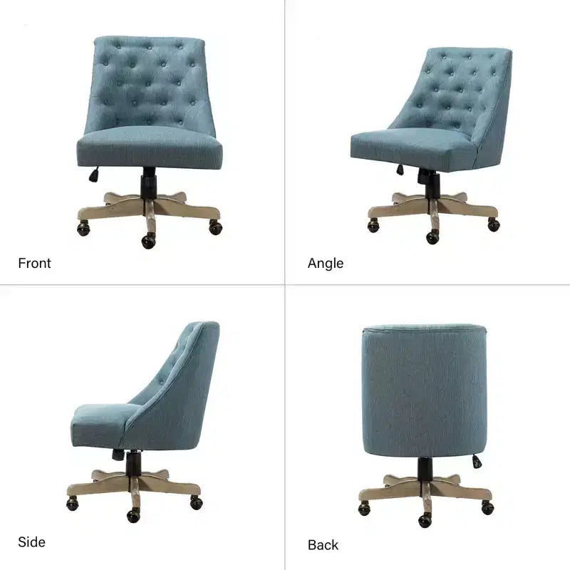 Chaise de bureau en velours avec dossier capitonné et piètement en bois massif, pivotante et réglable en hauteur