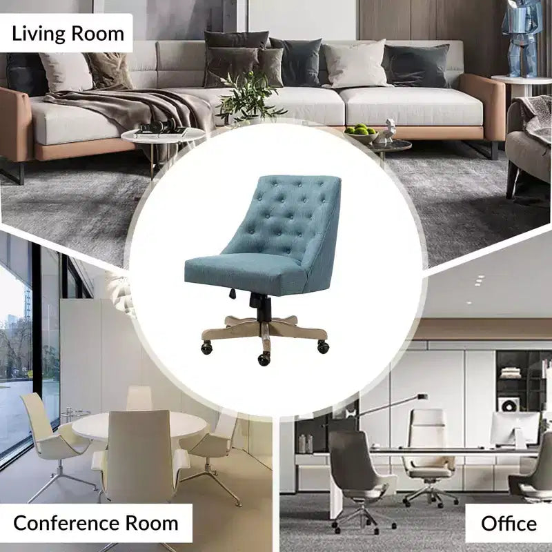 Chaise de bureau en velours avec dossier capitonné et piètement en bois massif, pivotante et réglable en hauteur