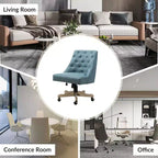 Chaise de bureau en velours avec dossier capitonné et piètement en bois massif, pivotante et réglable en hauteur
