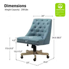 Chaise de bureau en velours avec dossier capitonné et piètement en bois massif, pivotante et réglable en hauteur