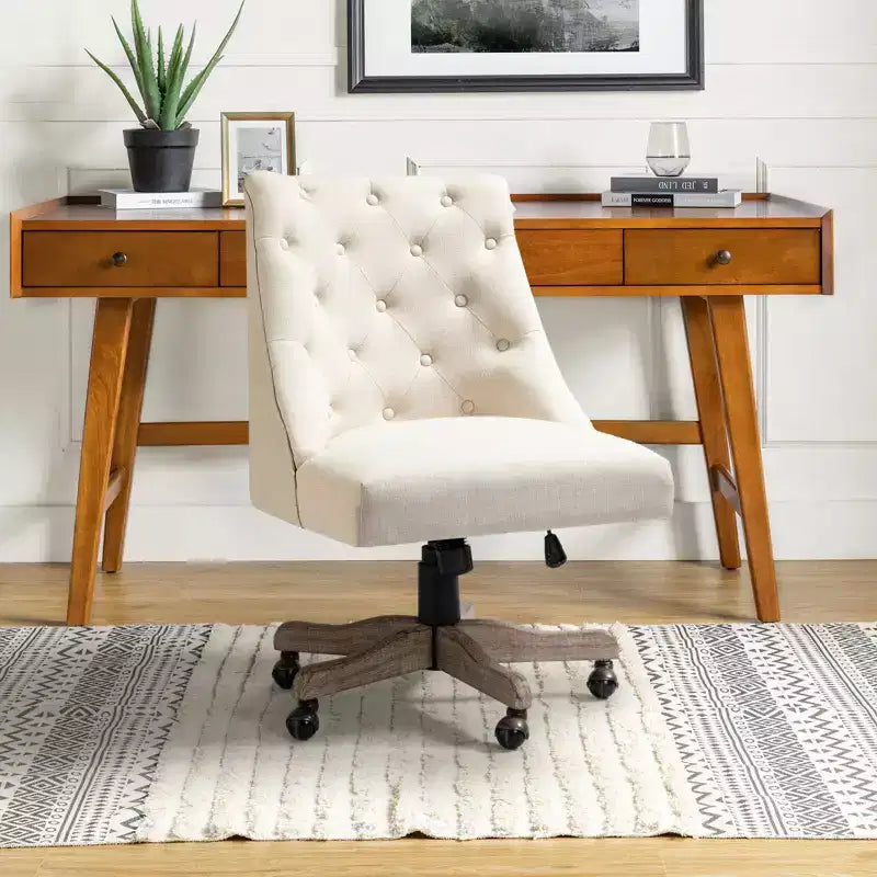 Chaise de bureau en velours avec dossier capitonné et piètement en bois massif, pivotante et réglable en hauteur