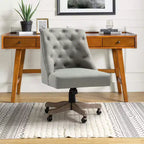 Chaise de bureau en velours avec dossier capitonné et piètement en bois massif, pivotante et réglable en hauteur