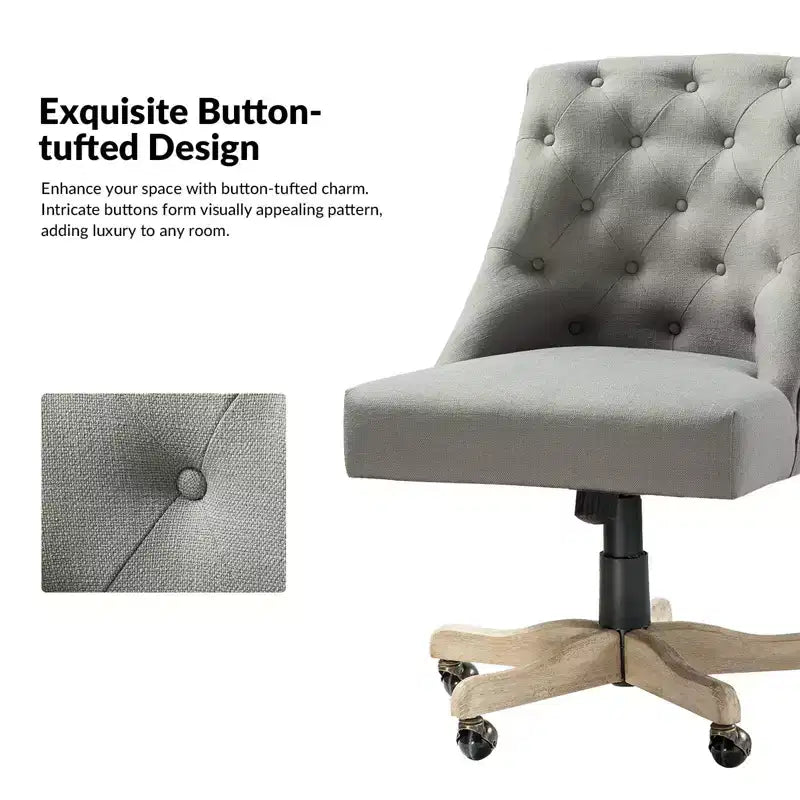 Chaise de bureau en velours avec dossier capitonné et piètement en bois massif, pivotante et réglable en hauteur