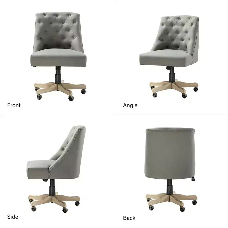 Chaise de bureau en velours avec dossier capitonné et piètement en bois massif, pivotante et réglable en hauteur
