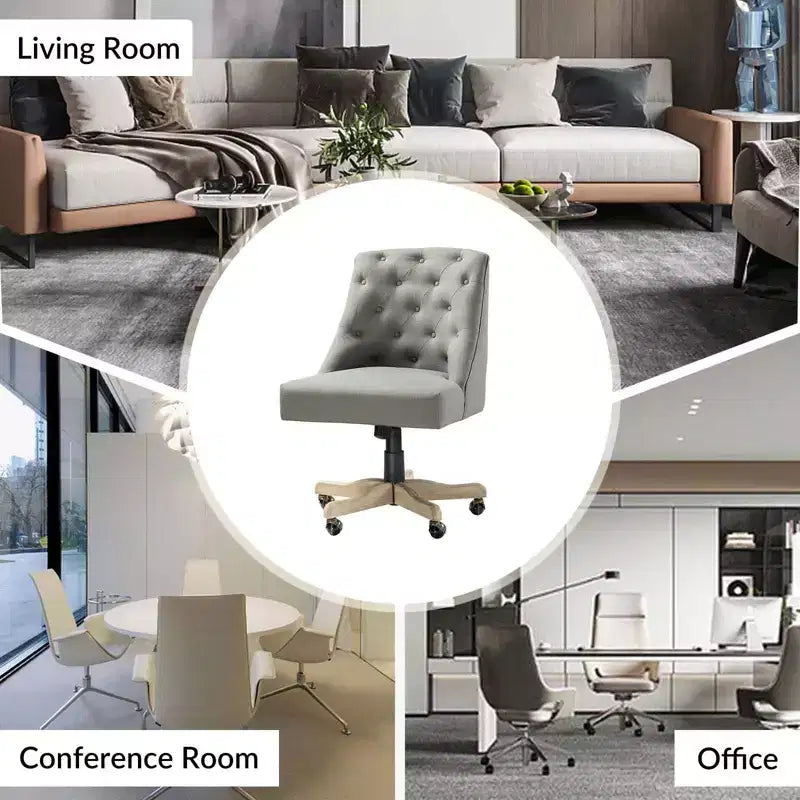 Chaise de bureau en velours avec dossier capitonné et piètement en bois massif, pivotante et réglable en hauteur