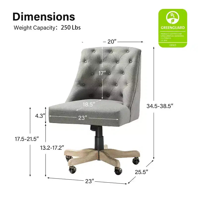 Chaise de bureau en velours avec dossier capitonné et piètement en bois massif, pivotante et réglable en hauteur