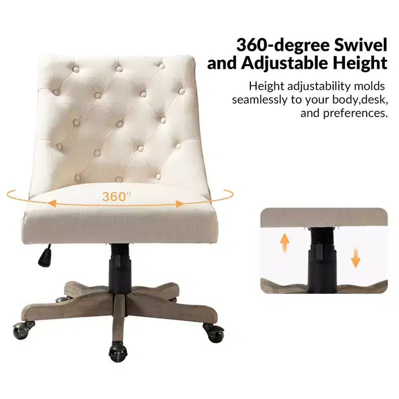 Chaise de bureau en velours avec dossier capitonné et piètement en bois massif, pivotante et réglable en hauteur