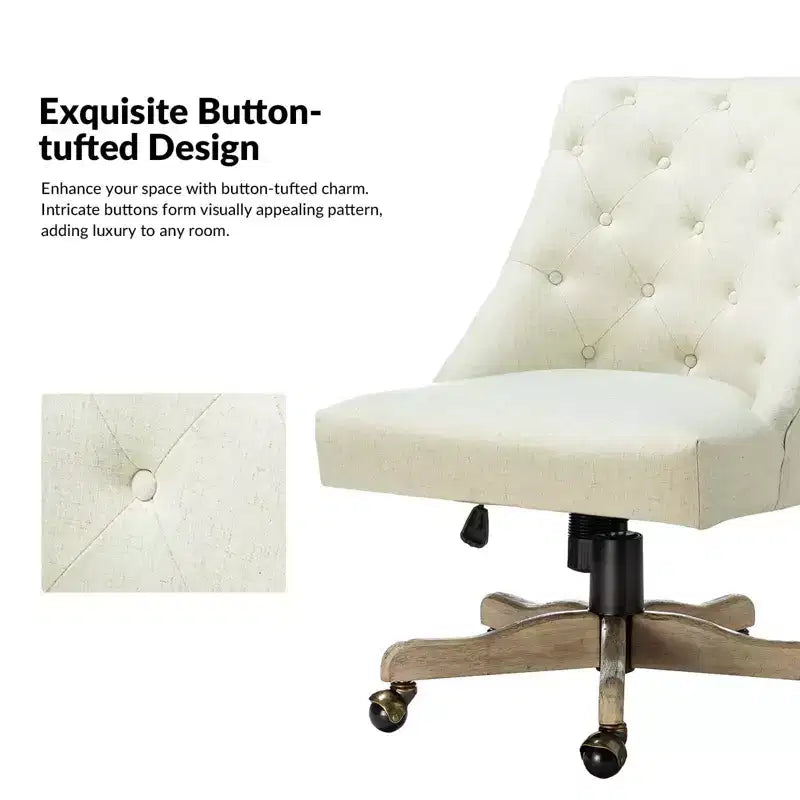 Chaise de bureau en velours avec dossier capitonné et piètement en bois massif, pivotante et réglable en hauteur