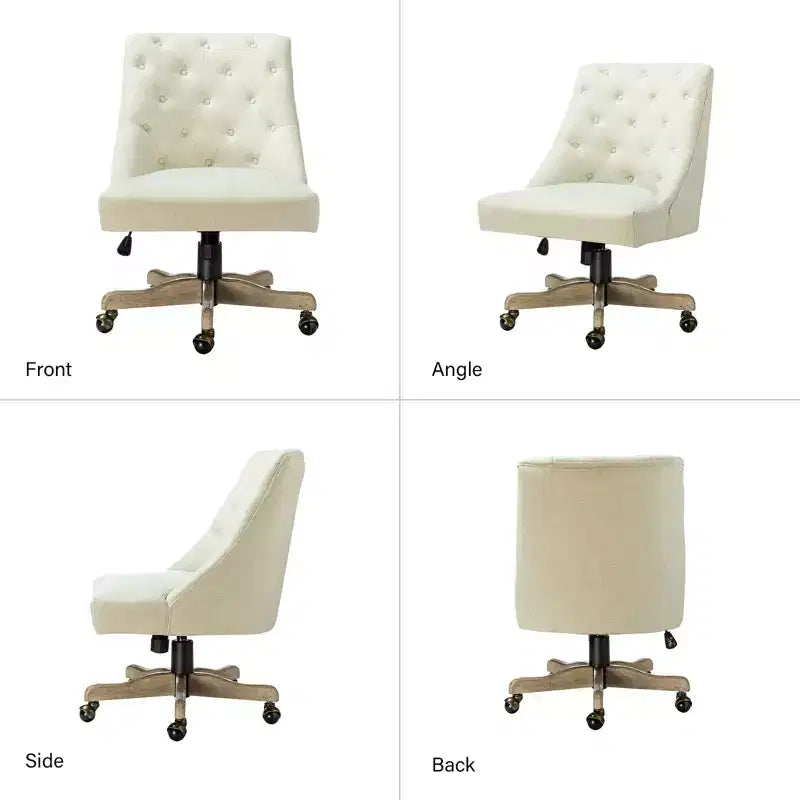 Chaise de bureau en velours avec dossier capitonné et piètement en bois massif, pivotante et réglable en hauteur