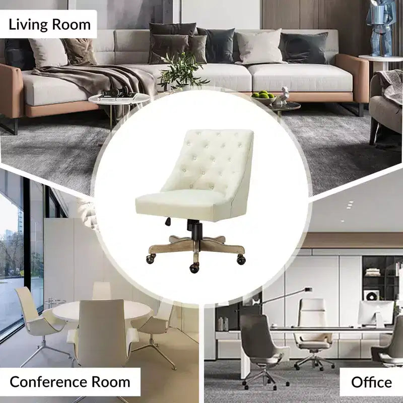 Chaise de bureau en velours avec dossier capitonné et piètement en bois massif, pivotante et réglable en hauteur