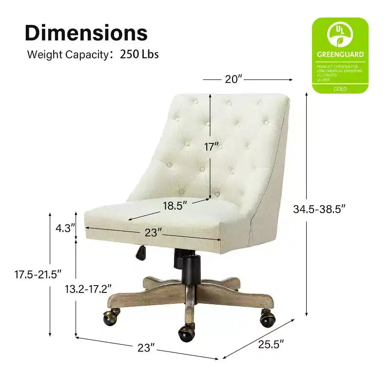 Chaise de bureau en velours avec dossier capitonné et piètement en bois massif, pivotante et réglable en hauteur