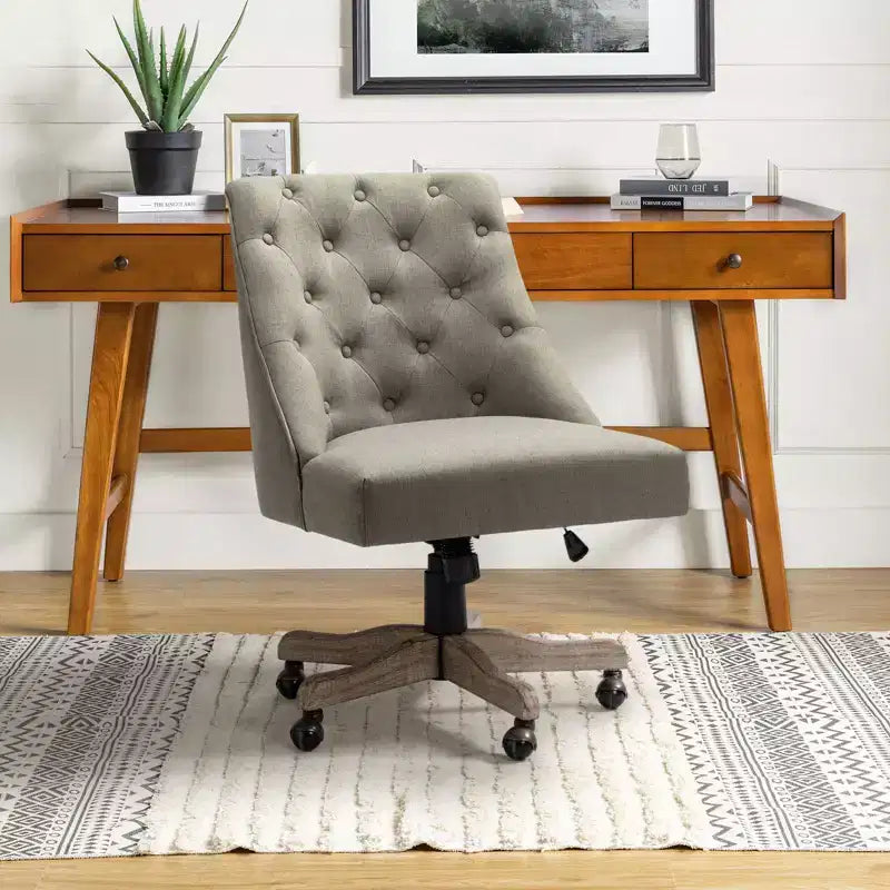 Chaise de bureau en velours avec dossier capitonné et piètement en bois massif, pivotante et réglable en hauteur