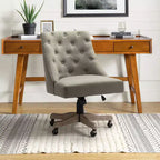Chaise de bureau en velours avec dossier capitonné et piètement en bois massif, pivotante et réglable en hauteur