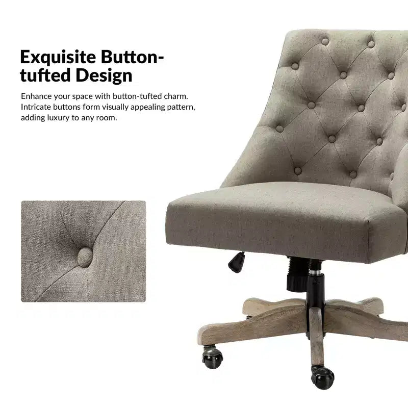 Chaise de bureau en velours avec dossier capitonné et piètement en bois massif, pivotante et réglable en hauteur