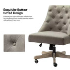Chaise de bureau en velours avec dossier capitonné et piètement en bois massif, pivotante et réglable en hauteur
