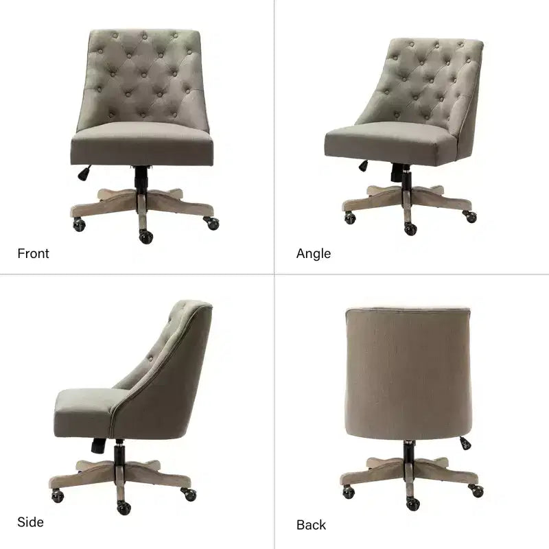 Chaise de bureau en velours avec dossier capitonné et piètement en bois massif, pivotante et réglable en hauteur